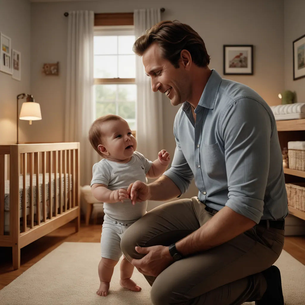 a man kneeling down holding a baby in his lap and smiling at the camera man is holding a baby in his lap, dada, a stock photo, Everett Raymond Kinstler, promotional image