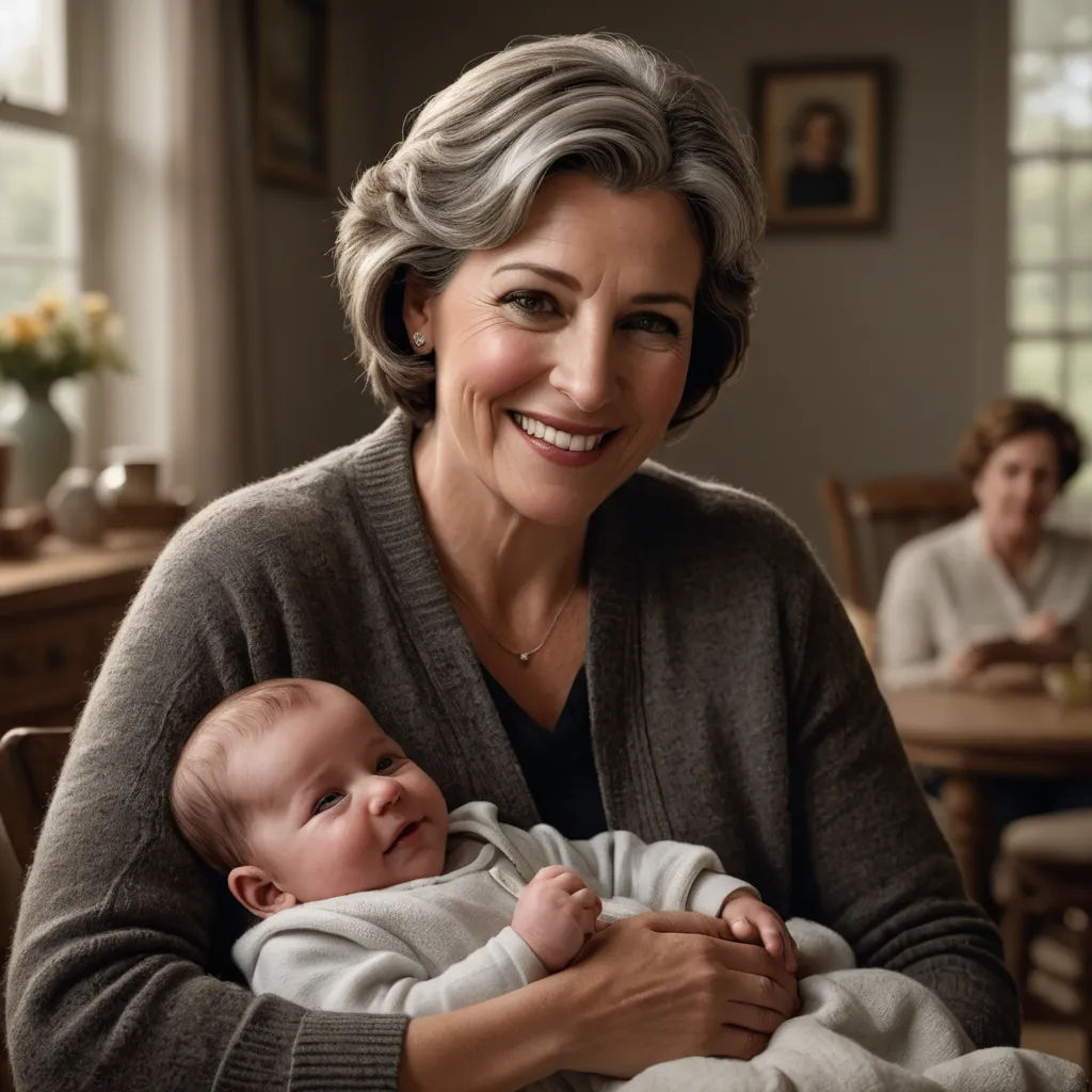 a woman holding a baby in her arms while sitting at a table with other people in the background in a room, photorealism, a photorealistic painting, Claire Falkenstein, promotional image