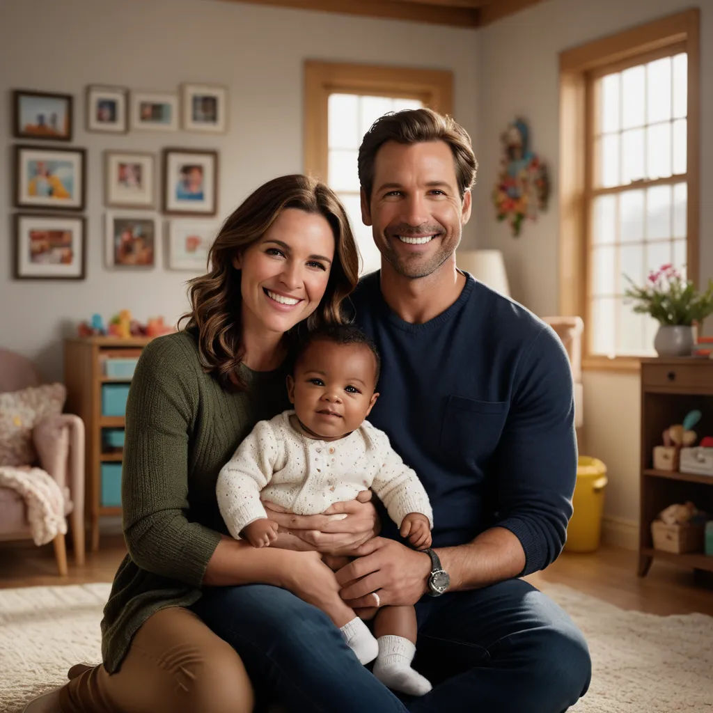 a man and woman holding a baby in a living room with a rug on the floor and a window, american scene painting, a stock photo, Dan Scott, promotional image