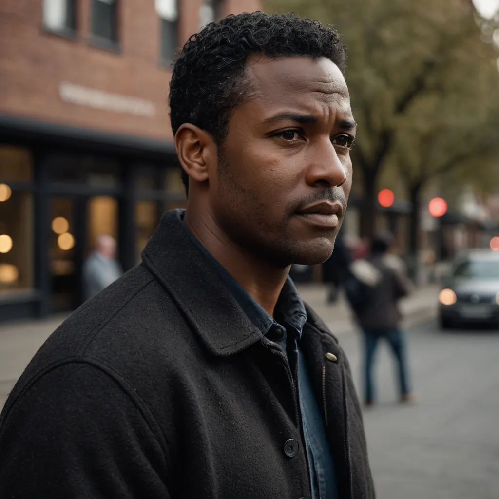 a man standing on a street corner looking at the camera with a serious look on his face and a building in the background, antipodeans, a character portrait, Derek Hill, leesha hannigan