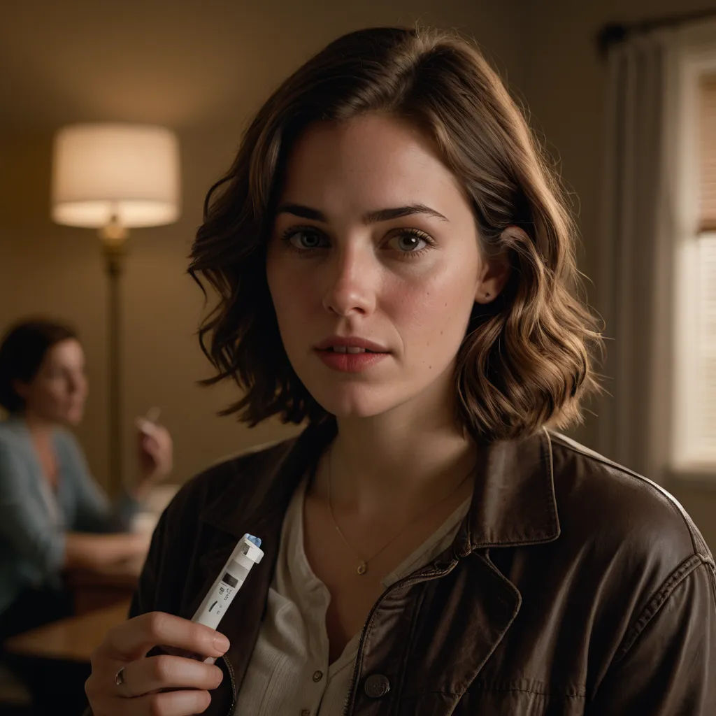 a woman holding a remote control in her hand and a woman sitting in the background in a living room, american scene painting, a character portrait, Eve Ryder, promotional image