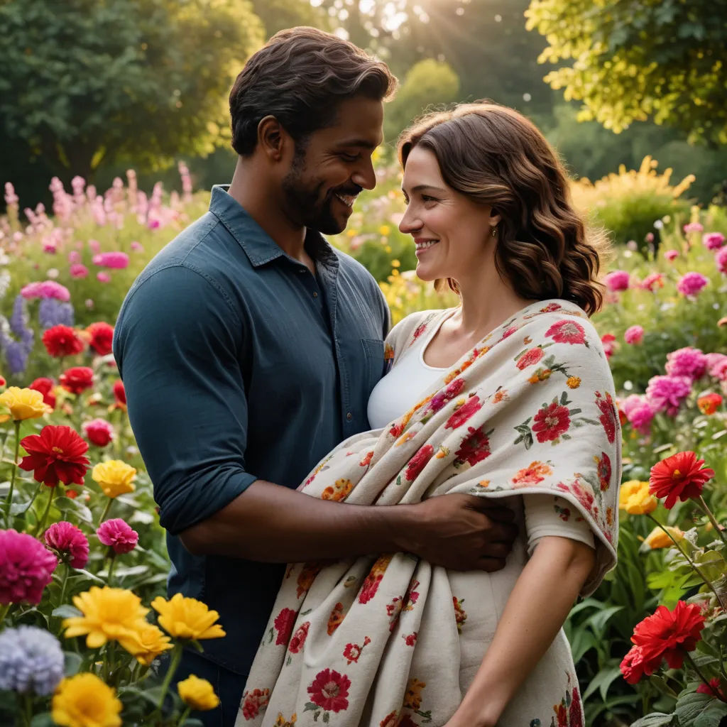 a man and woman standing in a field of flowers with a blanket wrapped around them and smiling at each other, private press, a poster, Derek Hill, promotional image