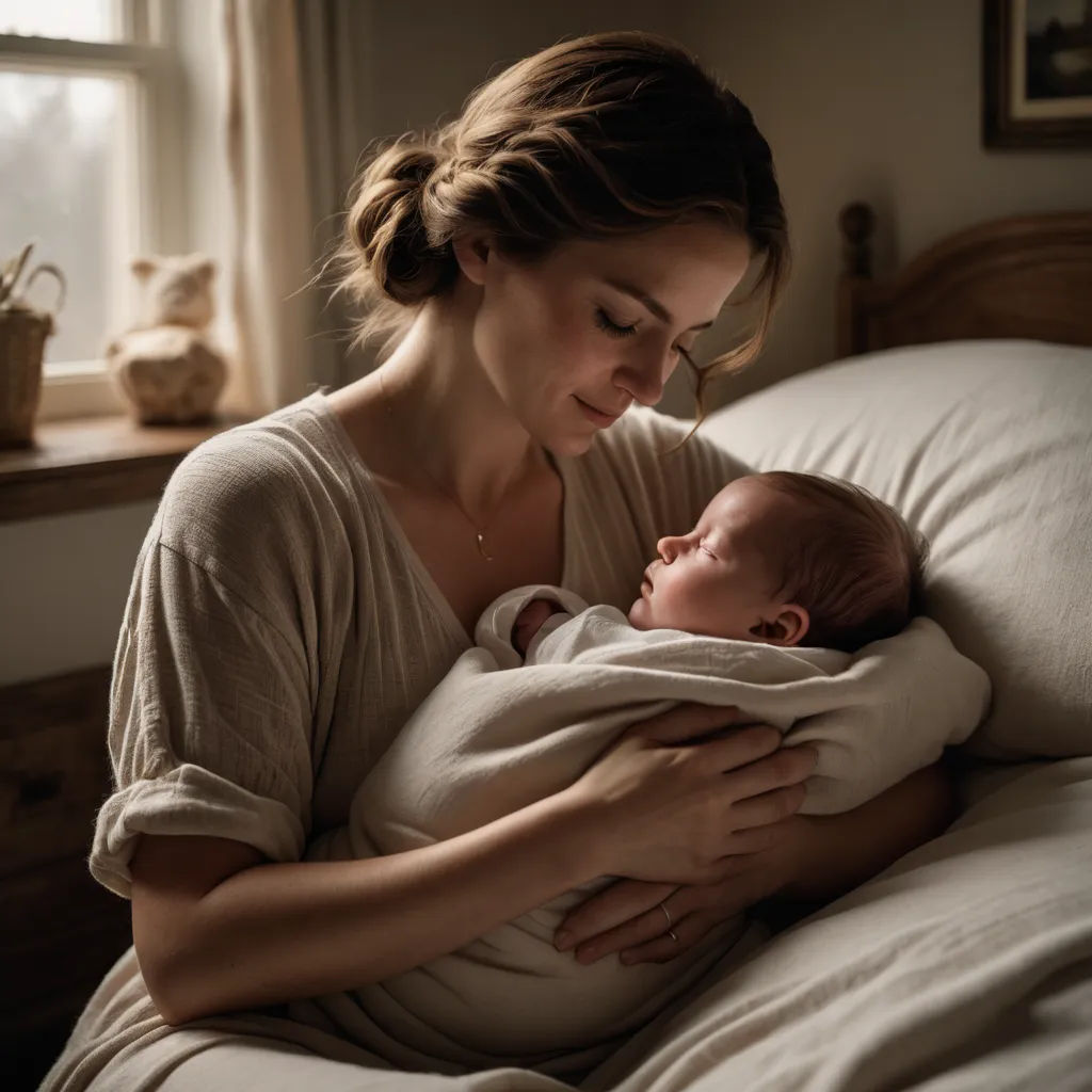 a woman holding a baby in her arms while laying on a bed in a bedroom with a window behind her, art photography, a photorealistic painting, Beatrice Huntington, cinematic photography