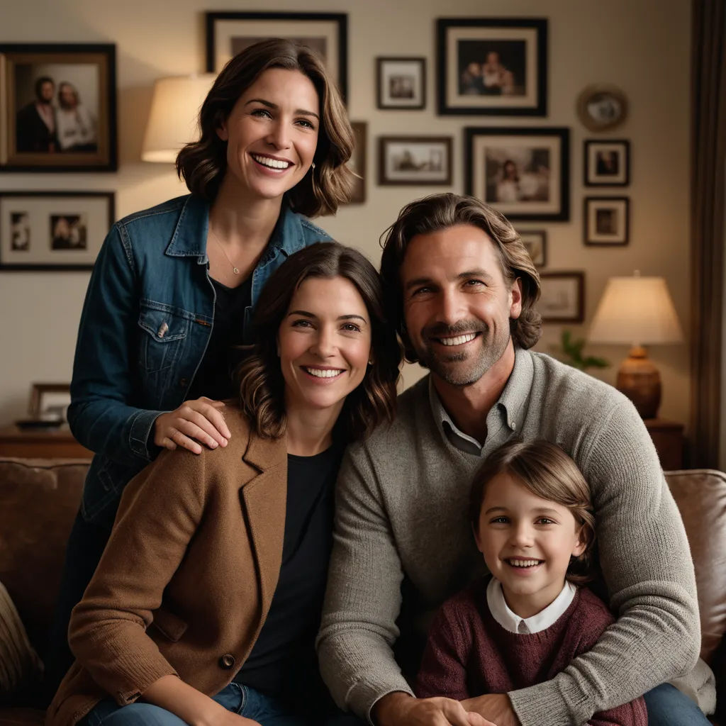 a family sitting on a couch in a living room together smiling at the camera with a family portrait on the wall behind them, lyco art, a picture, Dan Scott, promotional image