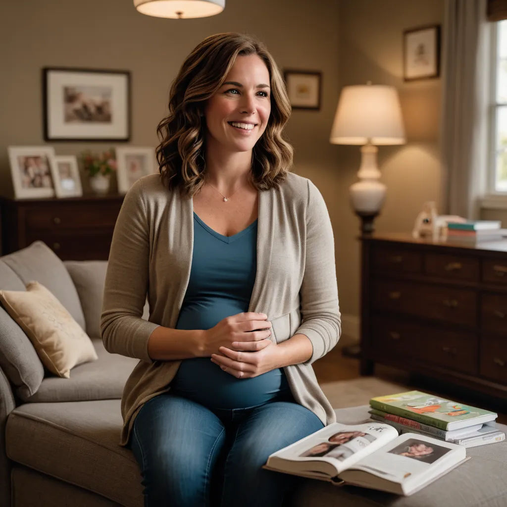 a pregnant woman sitting on a couch with a book on the coffee table next to her and a lamp, private press, a storybook illustration, Anne Rigney, promotional image