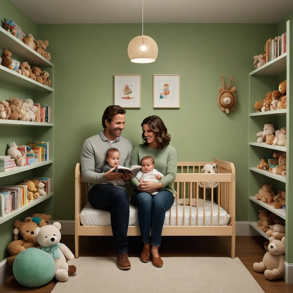 a man and woman sitting in a green room with a baby in a crib and stuffed animals on the shelves, arts and crafts movement, a storybook illustration, Chris LaBrooy, diffuse lighting