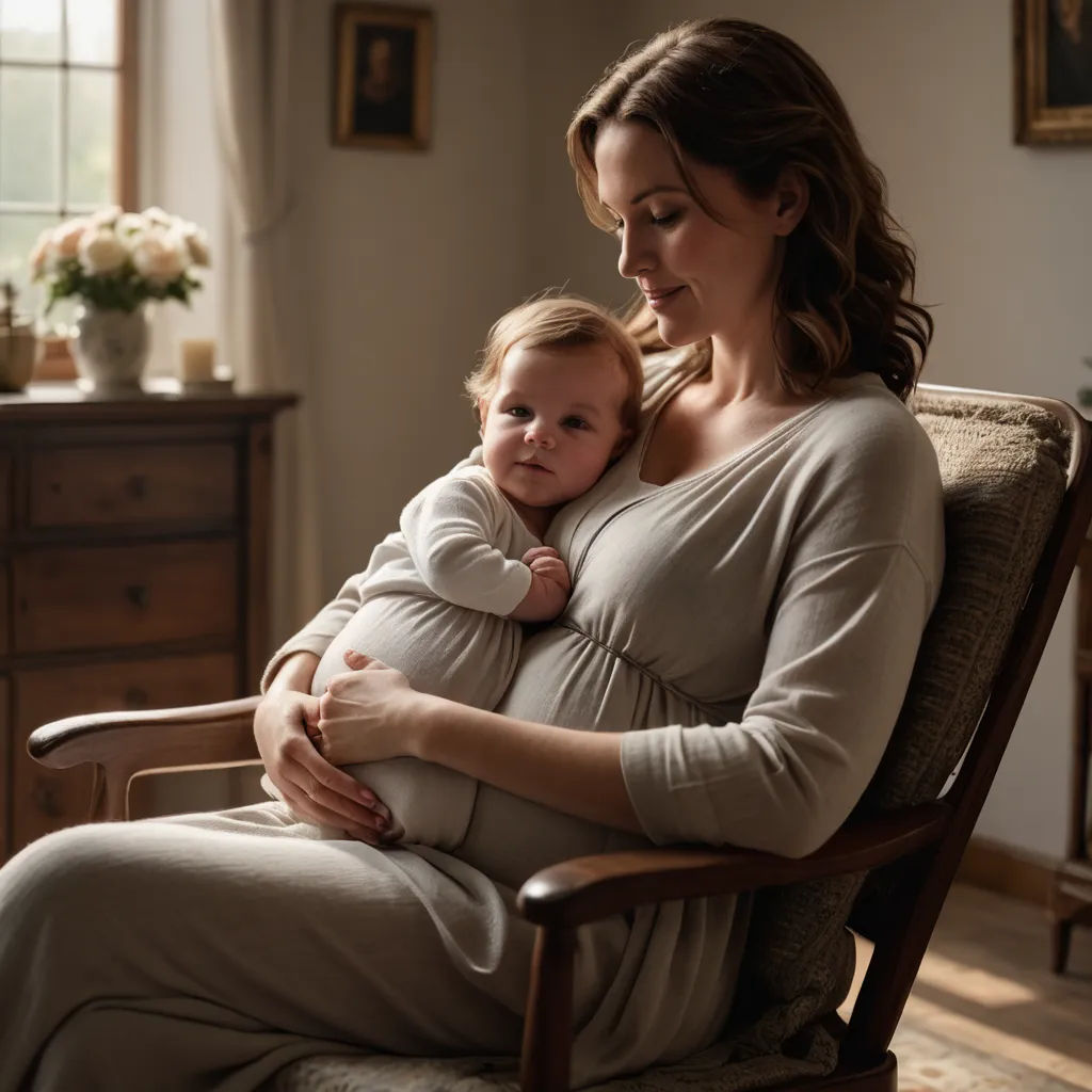 a woman holding a baby in a chair in a room with a dresser and a window in the background, neoplasticism, a storybook illustration, Claire Falkenstein, promotional image
