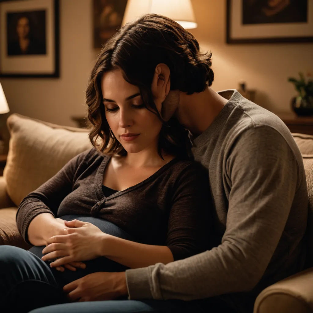 a man and woman sitting on a couch together, one holding the other's stomach and the other holding the baby, fine art, a photorealistic painting, Claire Dalby, promotional image