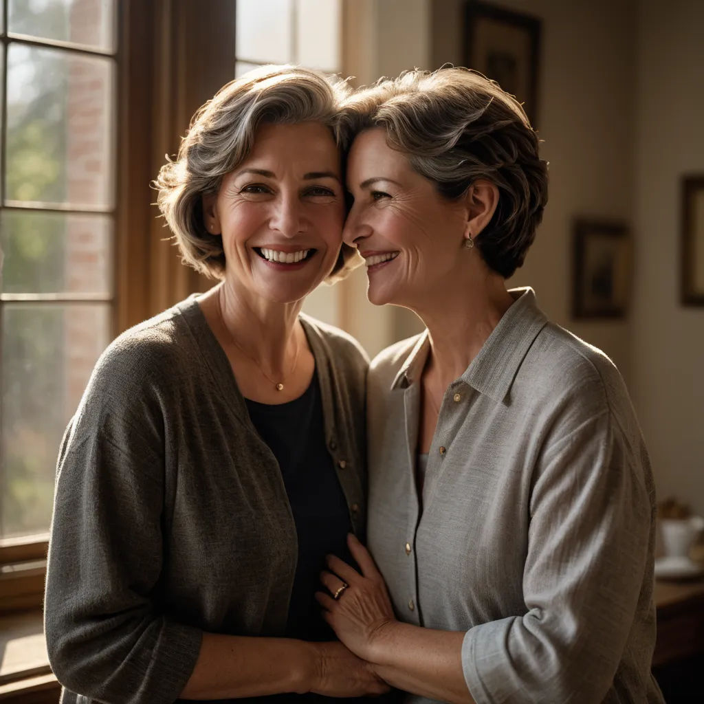 two women are smiling and hugging each other in front of a window with a brick wall behind them and a window behind them, arts and crafts movement, a stock photo, Constance Copeman, promotional image