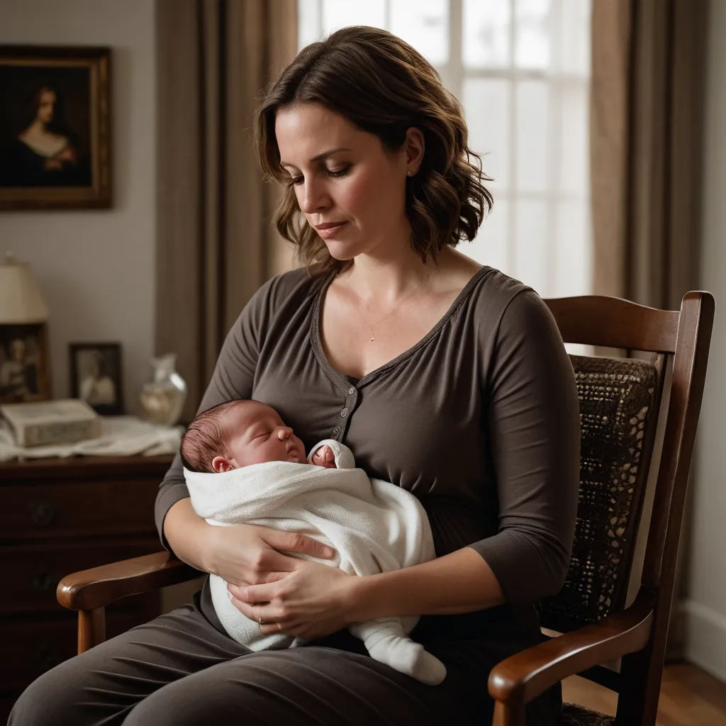 a woman holding a baby in her arms while sitting in a chair in a room with a window and a painting on the wall, naturalism, a renaissance painting, Clarice Beckett, promotional image