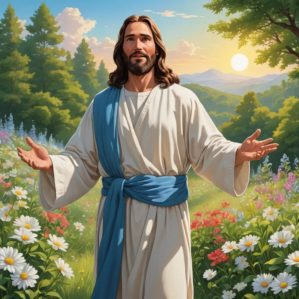 a painting of jesus standing in a field of flowers with his hands out and his arms outstretched in front of him, naive art, a stock photo, Andrey Esionov, kinkade