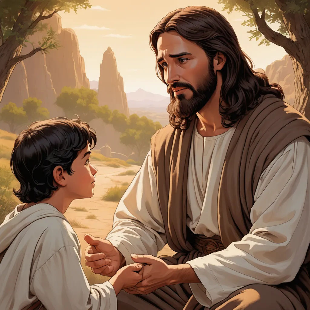 a painting of jesus talking to a young boy in a desert setting with mountains in the background and trees, american scene painting, a storybook illustration, Brothers Hildebrandt, radiant light