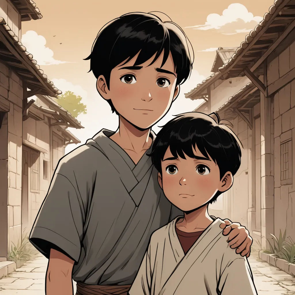 a boy and a boy in a cartoon style pose for a picture together in a courtyard with a building in the background, dau-al-set, a comic book panel, Adam Manyoki, official art