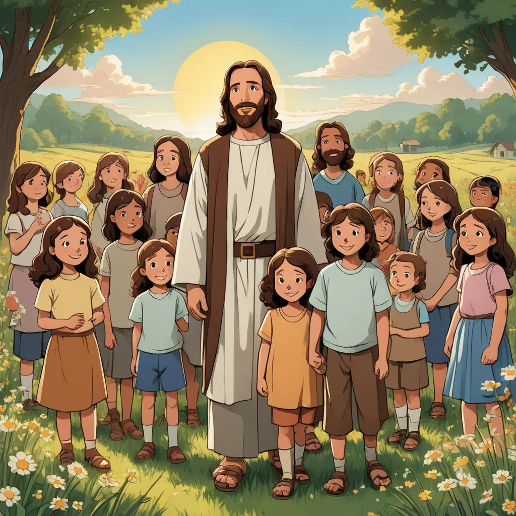 a cartoon of jesus surrounded by children in a field of grass and flowers, with a tree in the background, naive art, a storybook illustration, Americo Makk, official art