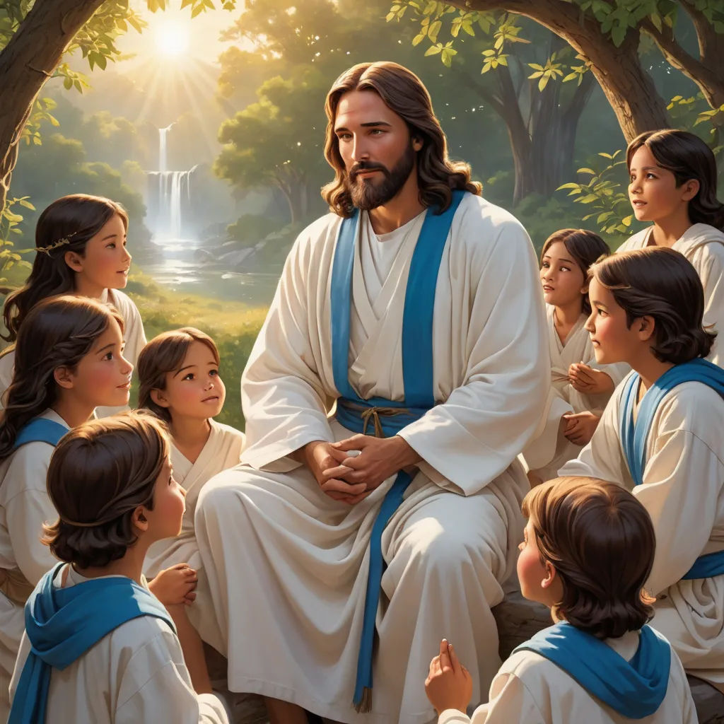 a painting of jesus sitting on a bench surrounded by children in a forest with a waterfall in the background, naive art, a storybook illustration, Brothers Hildebrandt, radiant light