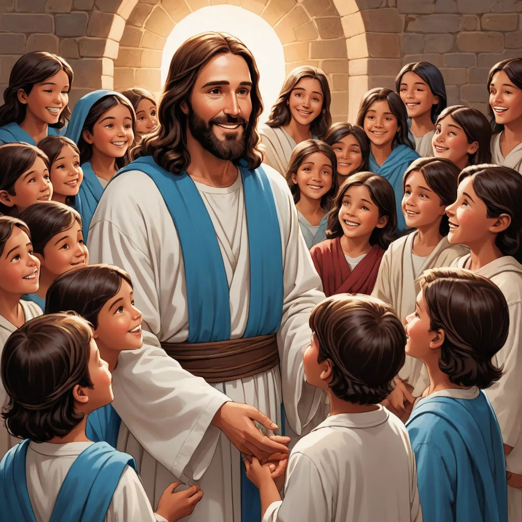a painting of jesus surrounded by children in a church setting with a halo above his head and a halo above his head, antipodeans, a storybook illustration, Brothers Hildebrandt, trending on furaffinity