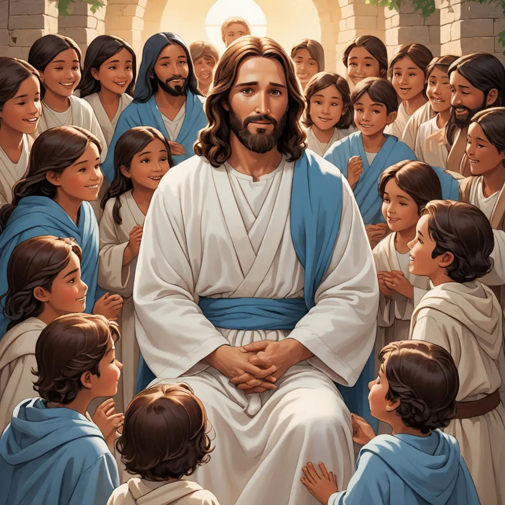 a painting of jesus surrounded by children in a church setting with a halo above his head and a halo above his head, incoherents, a storybook illustration, F Scott Hess, trending on furaffinity