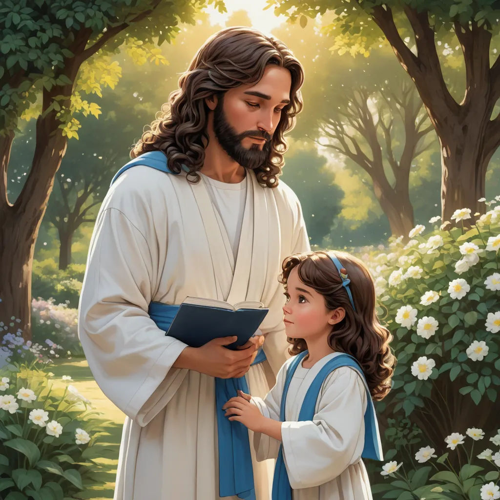 a painting of jesus holding a bible and a little girl standing next to him in a forest with white flowers, naive art, a storybook illustration, Brothers Hildebrandt, kinkade