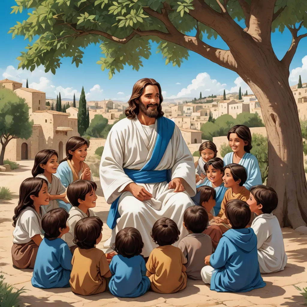 a painting of jesus sitting in front of a group of children under a tree with a man in the middle, naive art, a storybook illustration, Brothers Hildebrandt, storybook illustration