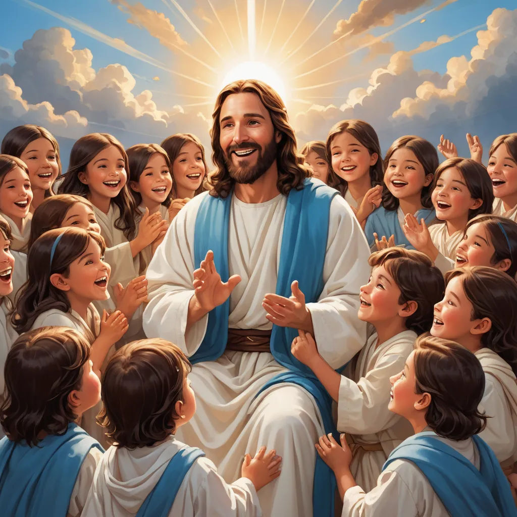 a painting of jesus surrounded by children in front of a sky background with clouds and sun shining through the clouds, naive art, a storybook illustration, Aloysius O'Kelly, trending on furaffinity