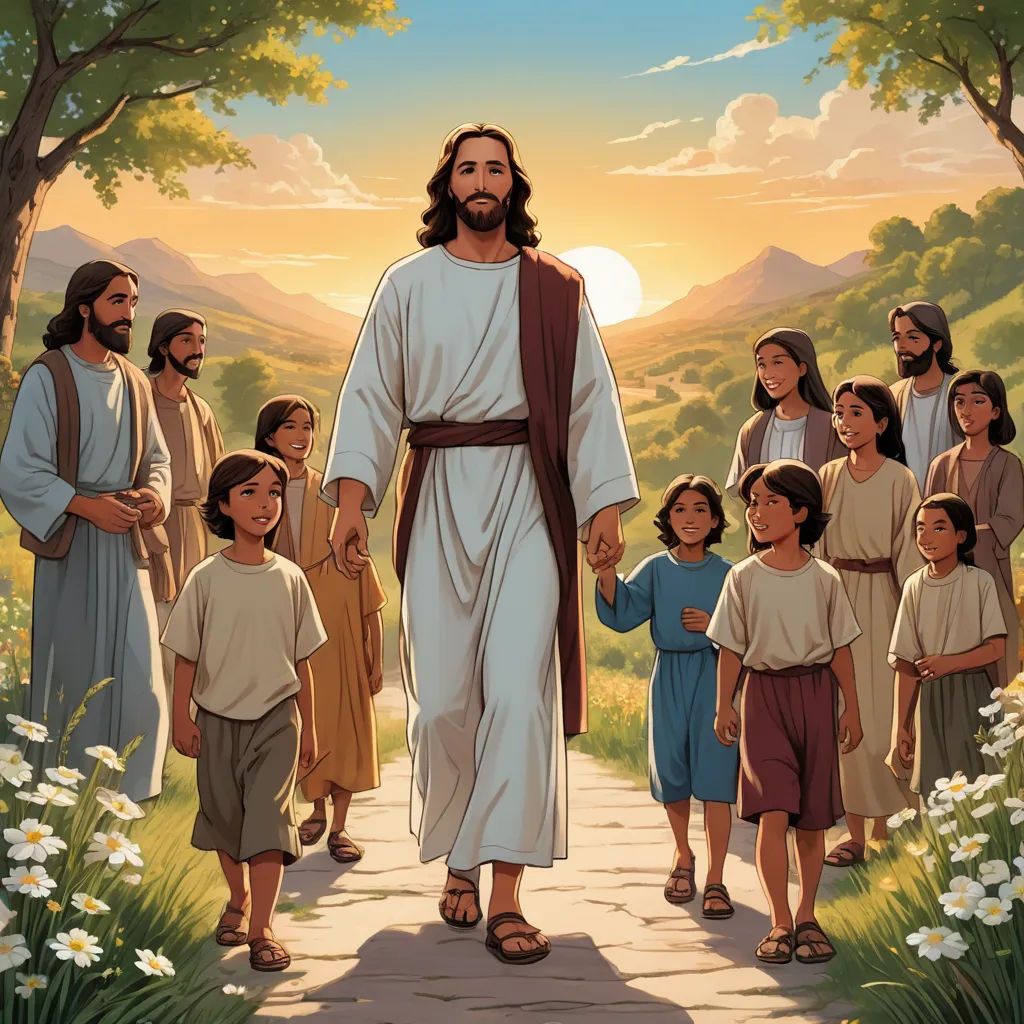 a painting of jesus walking with his children in a field of flowers and trees in the background, with a sun setting behind him, incoherents, a storybook illustration, Brothers Hildebrandt, rossdraws global illumination