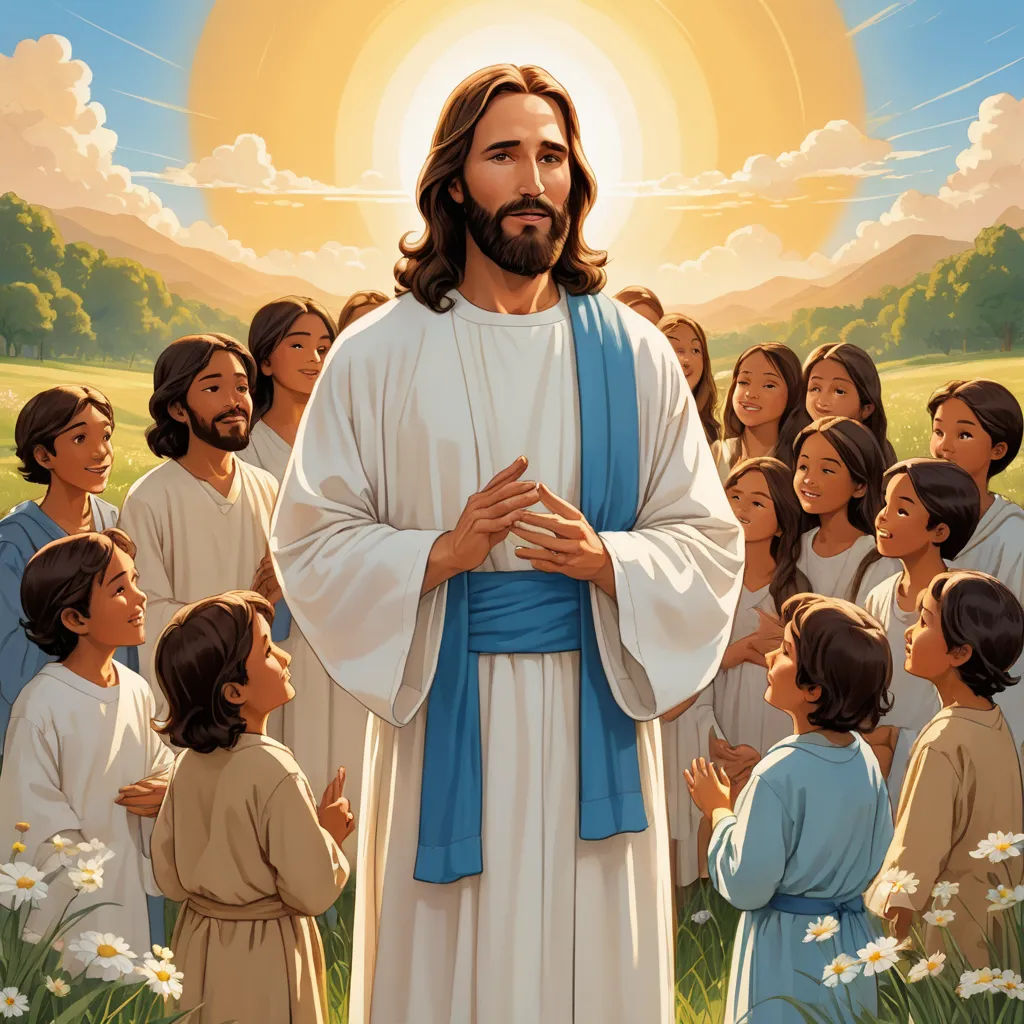 a painting of jesus surrounded by children in a field of grass and daisies, with the sun shining behind him, figurativism, a storybook illustration, Brothers Hildebrandt, rossdraws global illumination