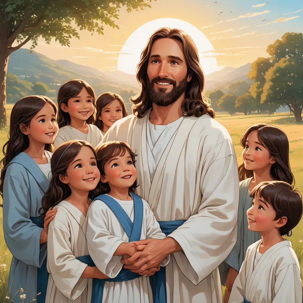 a painting of jesus surrounded by children in a field of grass and trees, with a tree in the background, incoherents, a storybook illustration, Brothers Hildebrandt, rossdraws global illumination