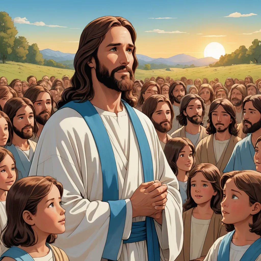 a painting of jesus standing in front of a crowd of people with his hands folded up in prayer,, excessivism, a storybook illustration, Brothers Hildebrandt, rossdraws global illumination