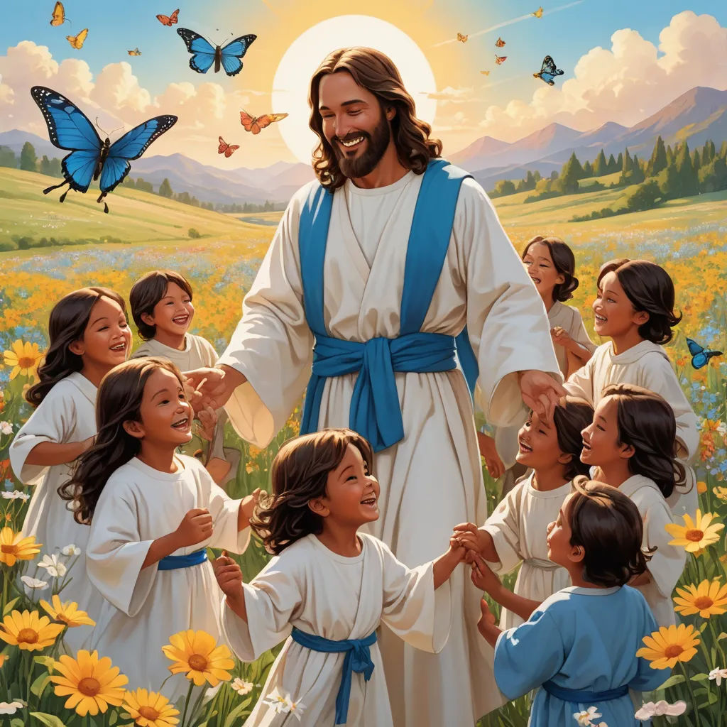 a painting of jesus surrounded by children in a field of flowers and butterflies with a butterfly in the sky, naive art, a storybook illustration, Drew Struzan, comic cover art