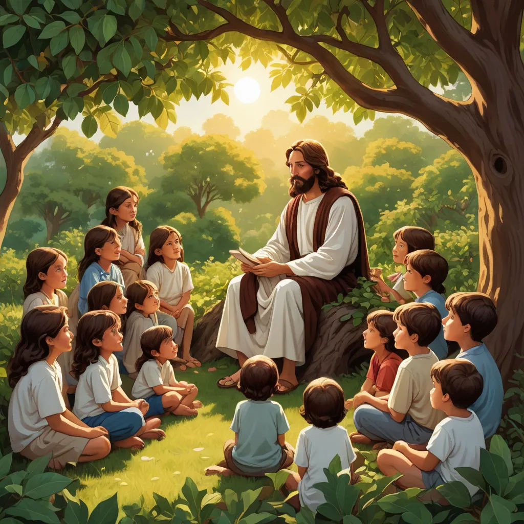 a painting of jesus sitting in a forest with children around him and a man reading a book to them, naive art, a storybook illustration, Edward Otho Cresap Ord, II, storybook illustration
