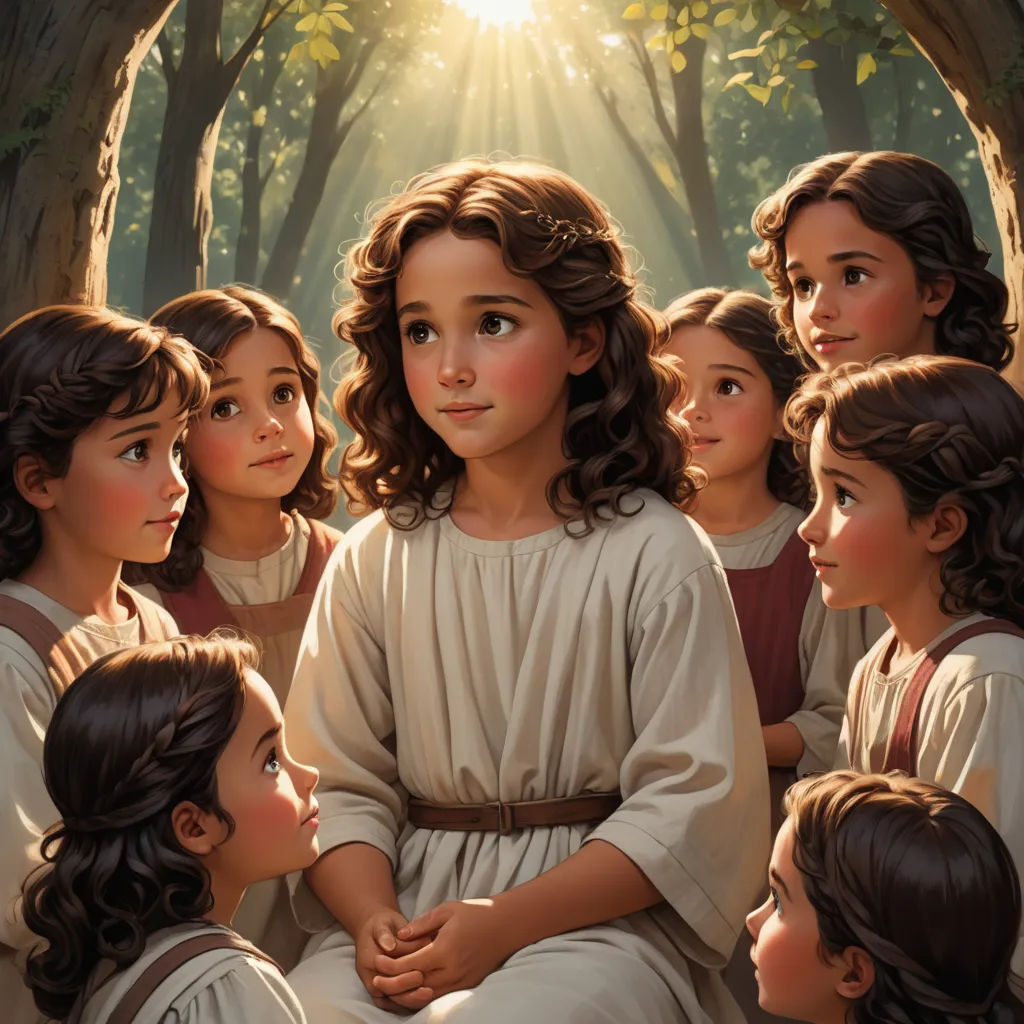 a painting of a group of children with jesus in the background and sunlight shining through the trees behind them, renaissance, a storybook illustration, Brad Kunkle, official art
