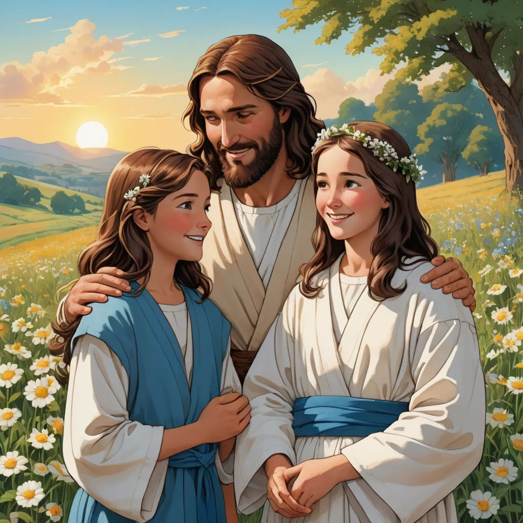 a painting of jesus with two children in a field of daisies and a tree with a sun in the background, naive art, a storybook illustration, Brothers Hildebrandt, official art