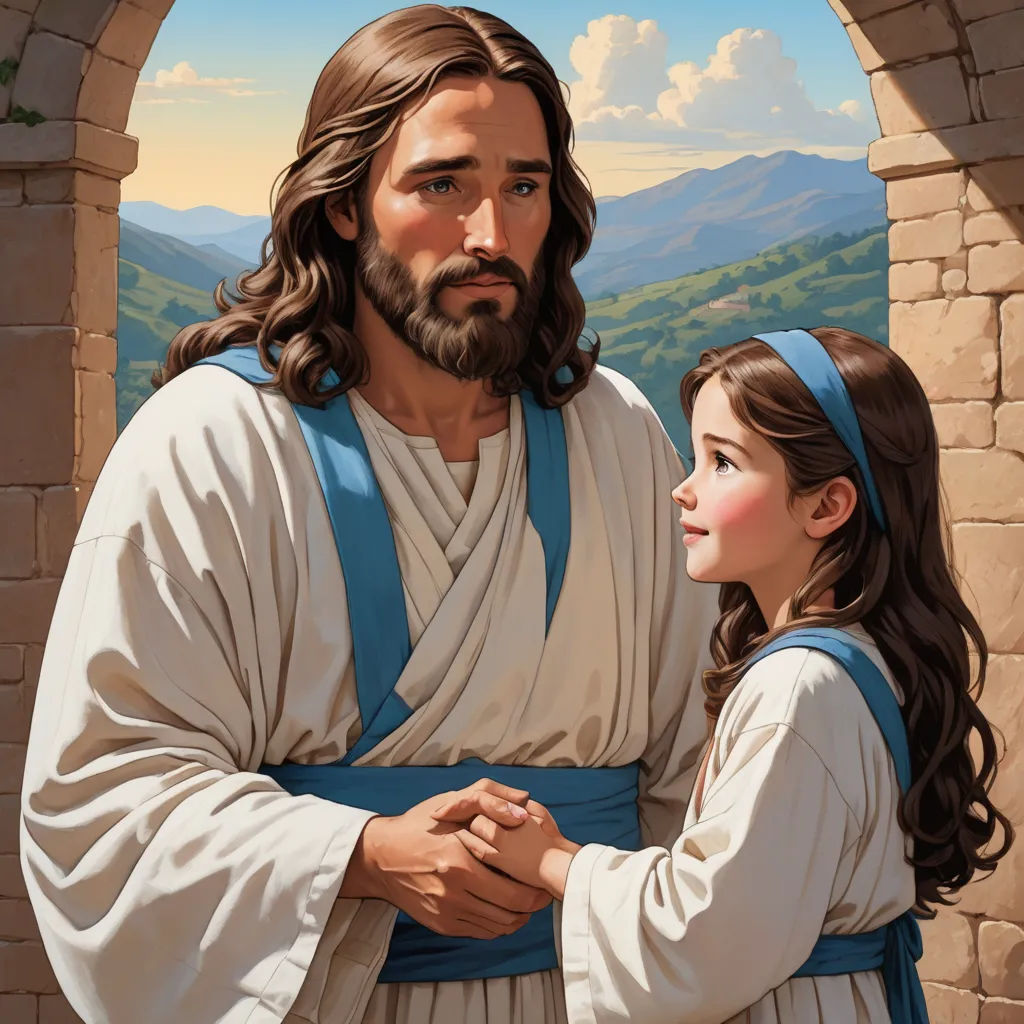 a painting of jesus and a little girl standing in front of a window with mountains in the background and a sky, naive art, a storybook illustration, Brothers Hildebrandt, renaissance oil painting