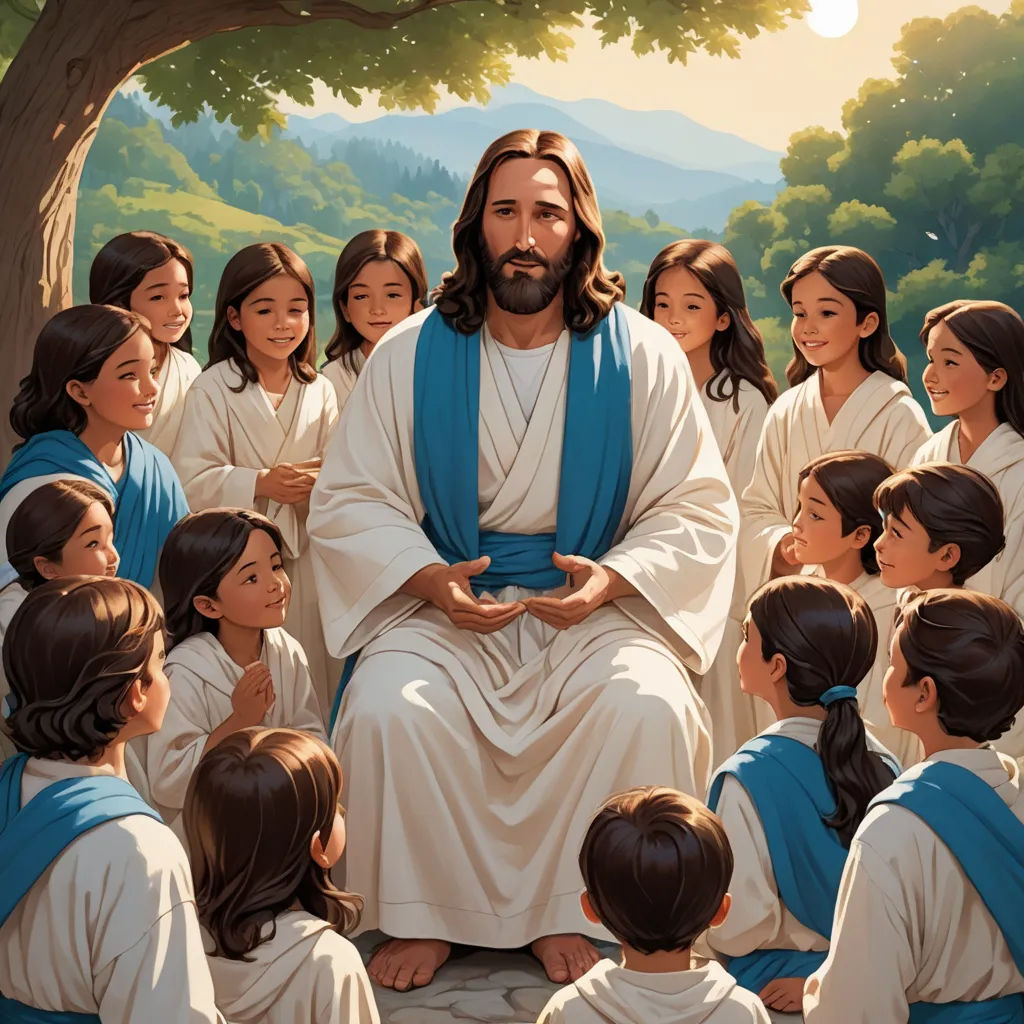 a painting of jesus surrounded by children in a park setting with a tree and mountains in the background,, figurativism, a storybook illustration, Brothers Hildebrandt, rossdraws global illumination
