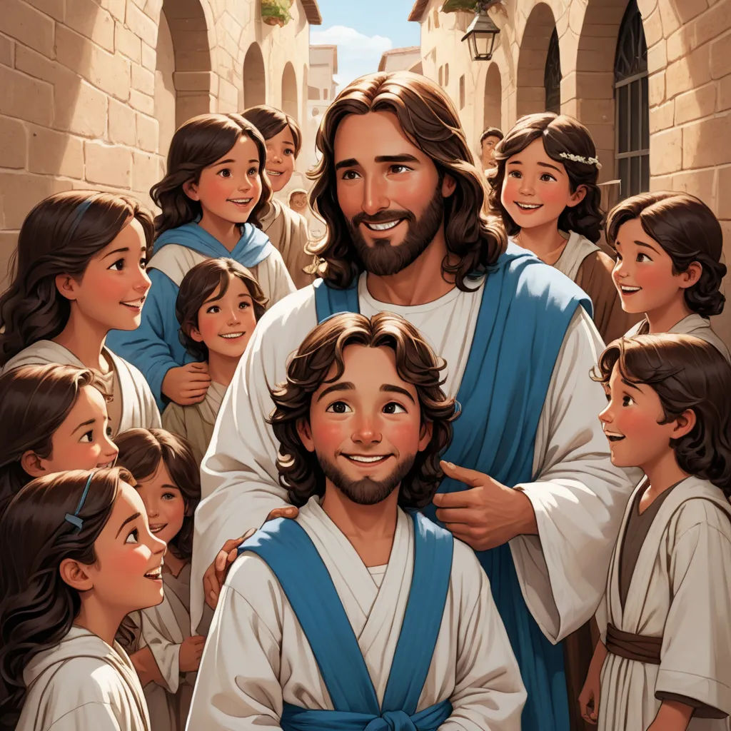 a painting of jesus surrounded by children in a courtyard with a brick wall and archways in the background, figurativism, a storybook illustration, Brothers Hildebrandt, official art