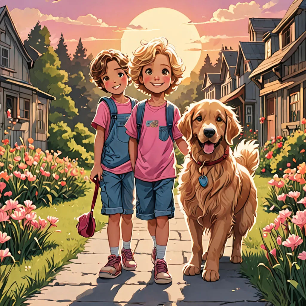 a couple of kids and a dog standing on a sidewalk in front of a house with flowers and a sunset, Brothers Hildebrandt, american scene painting, a storybook illustration, comic cover art