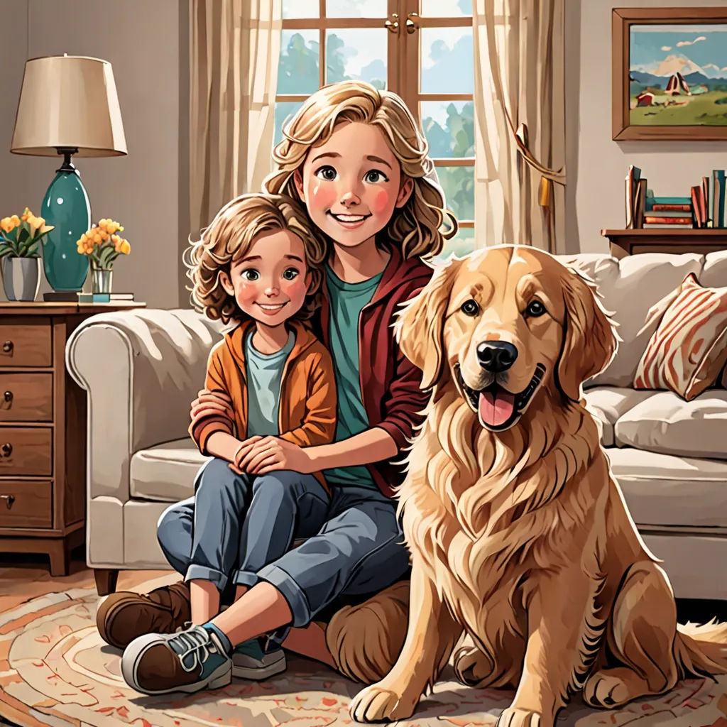 a woman and a child sitting on a rug with a dog in front of them and a painting of a dog on the wall, Esther Blaikie MacKinnon, american scene painting, a storybook illustration, storybook illustration