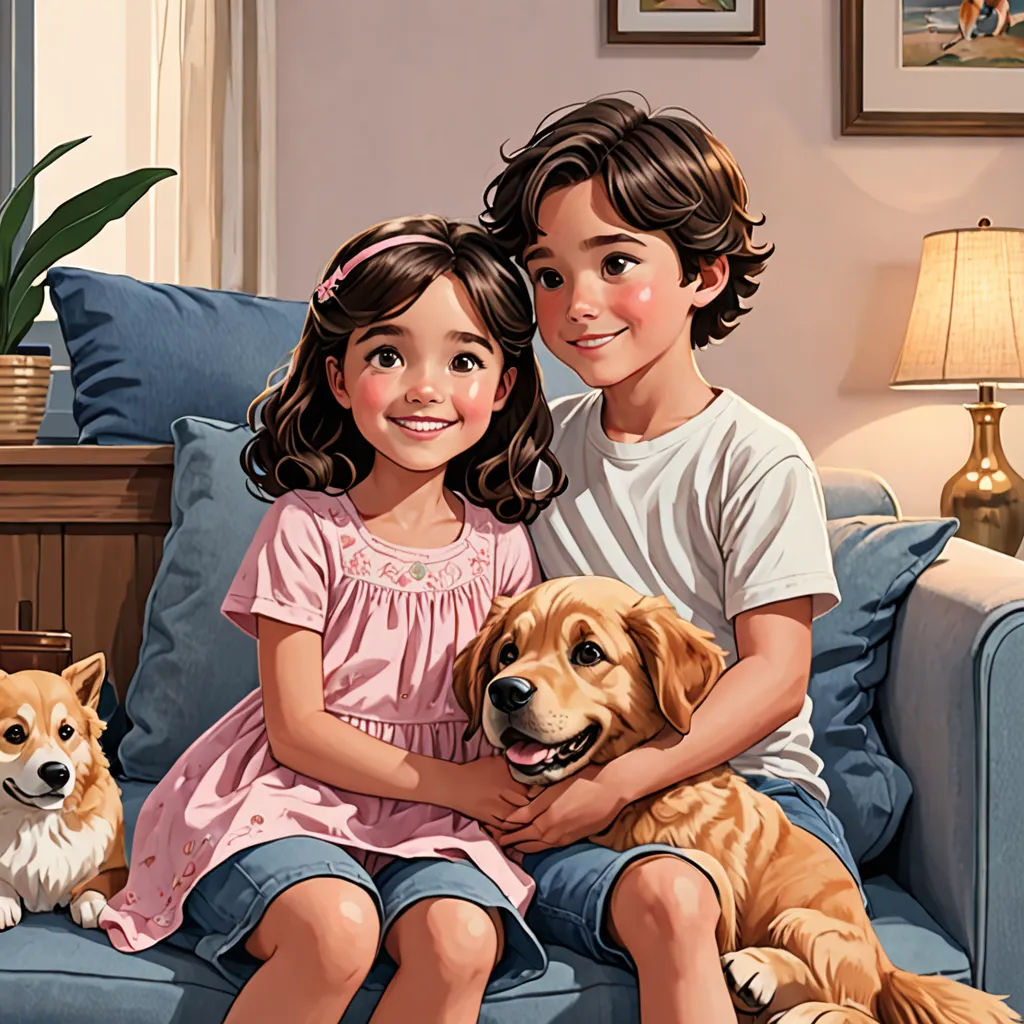 a painting of a boy and girl sitting on a couch with two dogs and a cat in front of them, Bob Byerley, american scene painting, a storybook illustration, storybook illustration