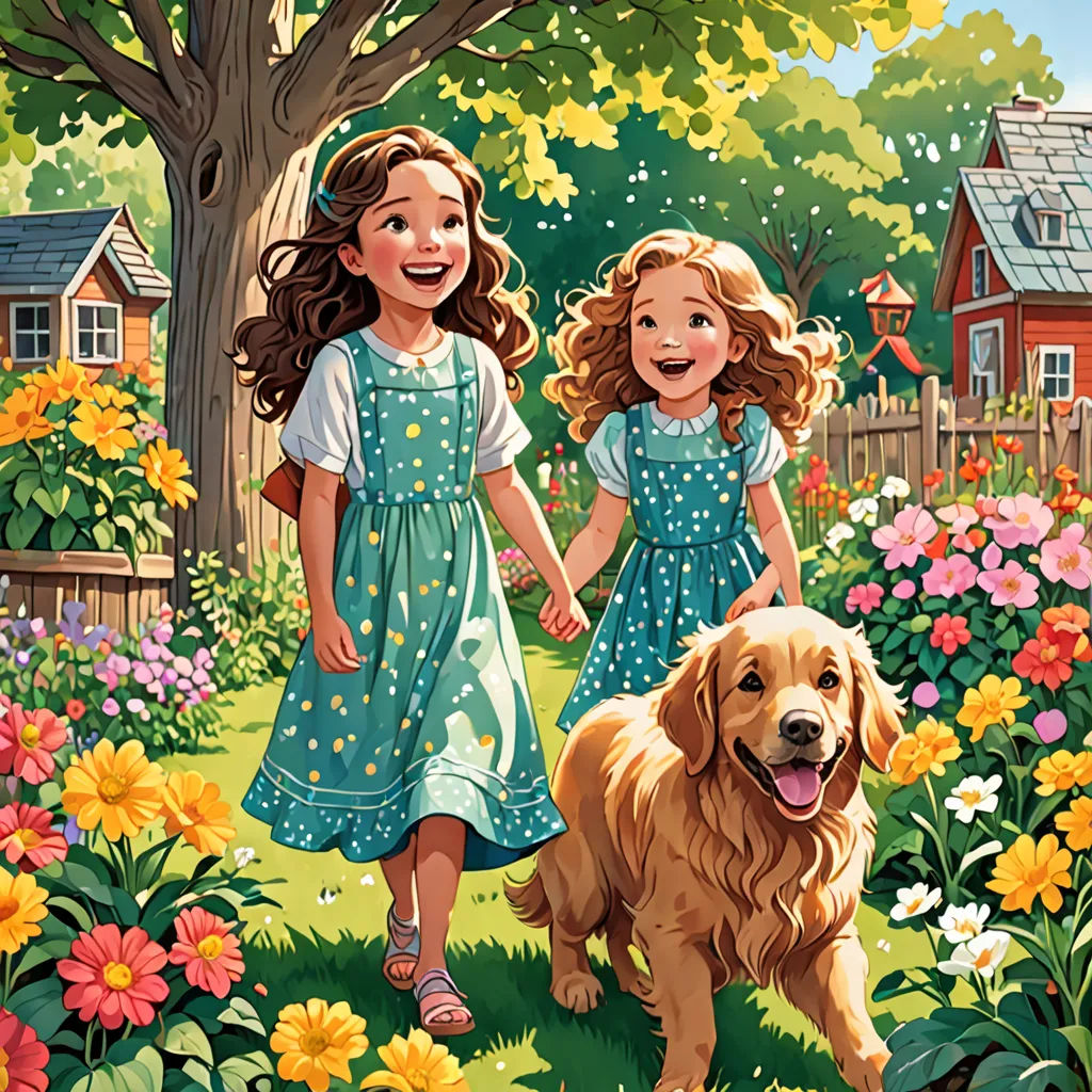 two girls and a dog are walking through a garden with flowers and a tree in the background, and a house in the background, Bob Byerley, naive art, a storybook illustration, storybook illustration