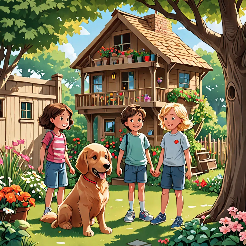 a group of children standing in front of a dog in a yard with a tree and a house in the background, Chris LaBrooy, american scene painting, a storybook illustration, storybook illustration
