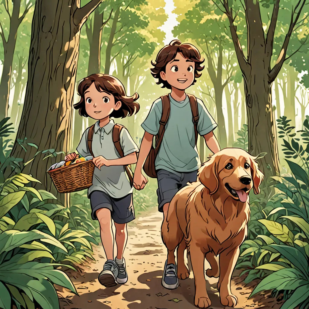 a boy and a girl walking a dog in the woods with a basket of fruit on their back and a dog on the other side, Diego Gisbert Llorens, process art, a comic book panel, color page