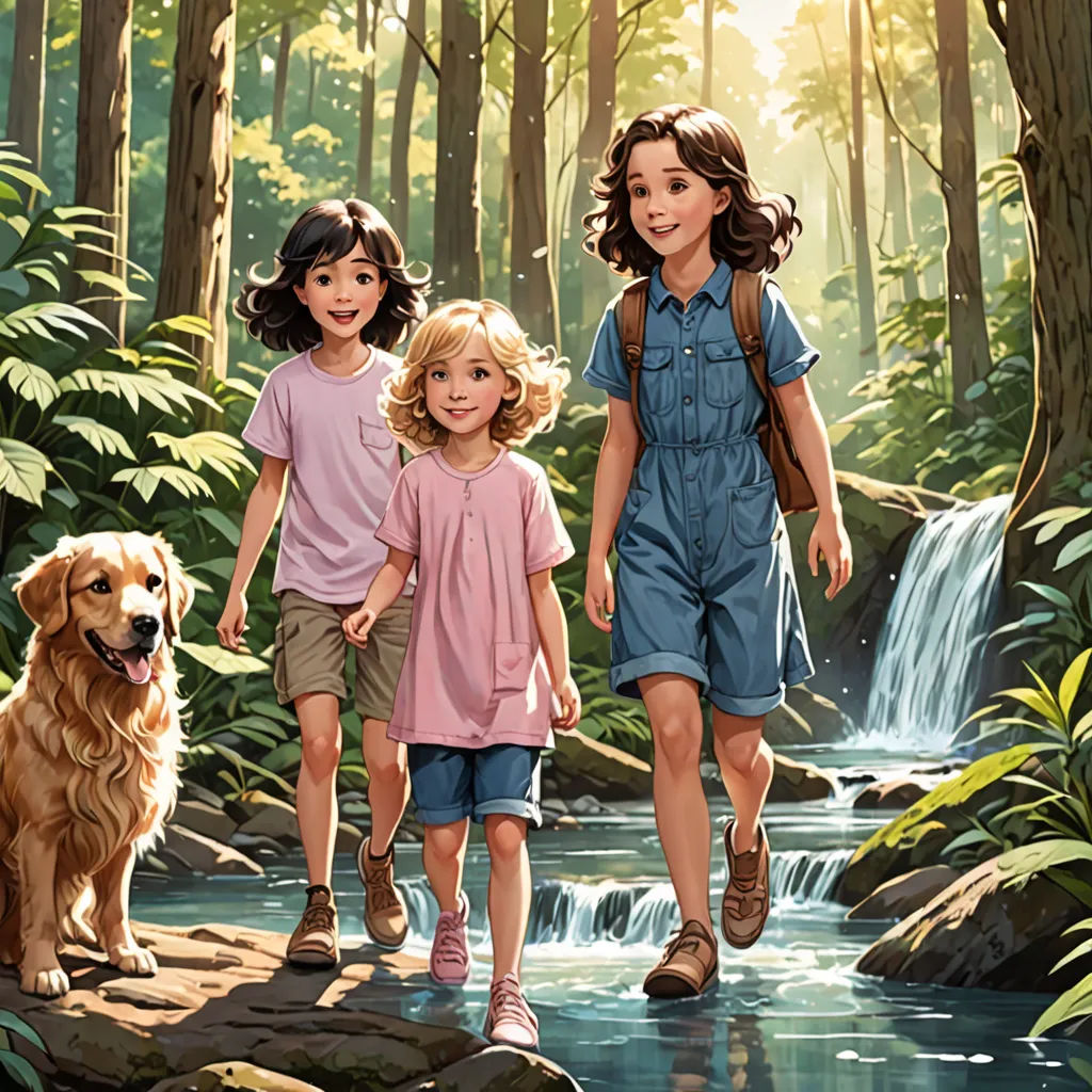 a painting of three children and a dog walking in the woods by a waterfall with a waterfall behind them, Bob Byerley, american scene painting, a storybook illustration, official art