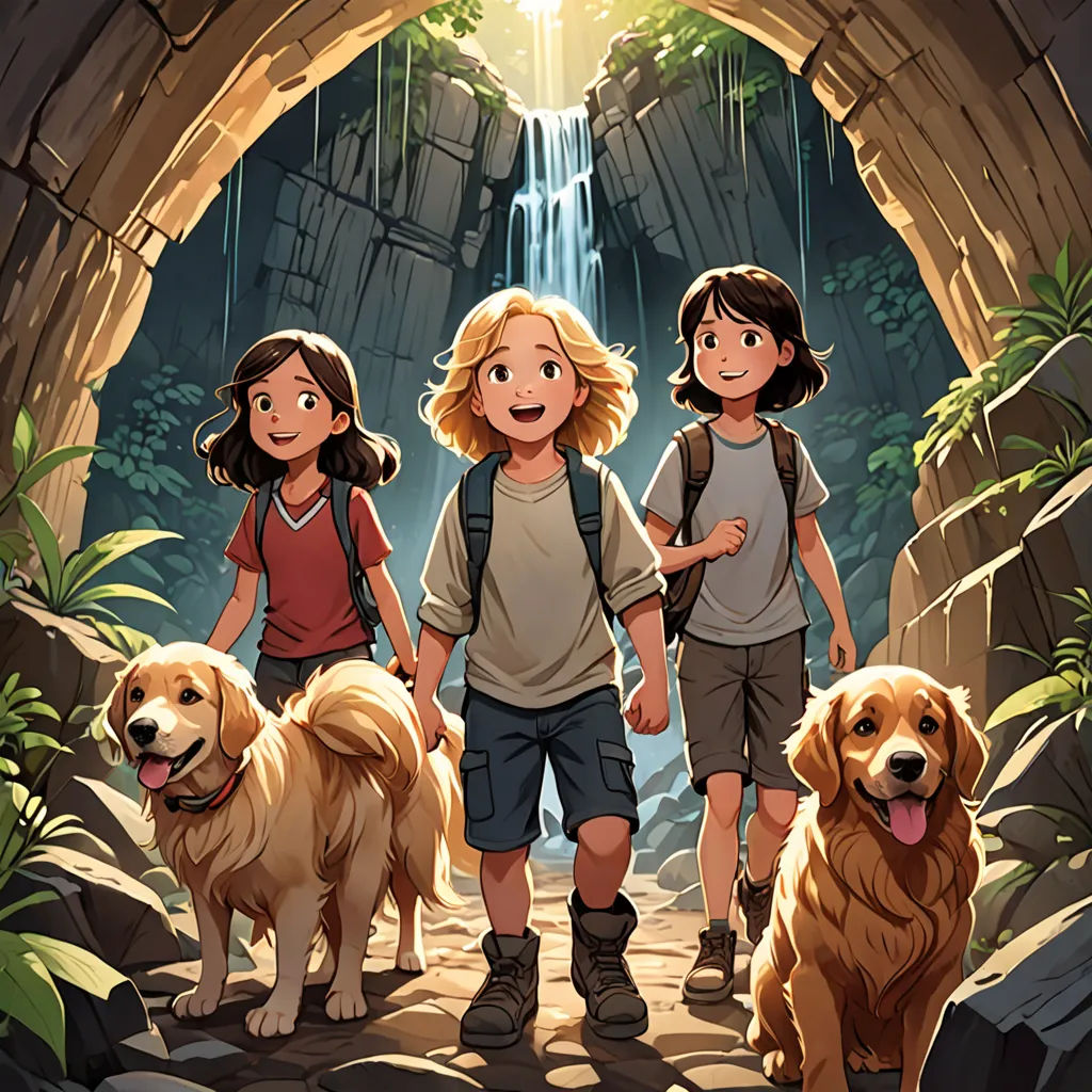 a group of kids and dogs standing in front of a cave entrance with a waterfall in the background and a waterfall in the background, Cliff Childs, process art, a storybook illustration, official art