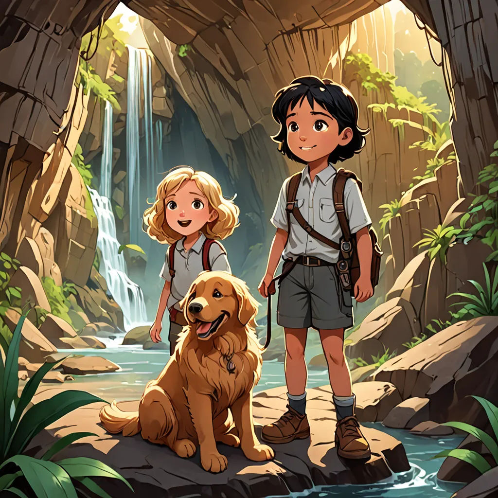 a boy and a girl standing in front of a waterfall with a dog in front of them and a waterfall behind them, Cliff Childs, serial art, a storybook illustration, official art