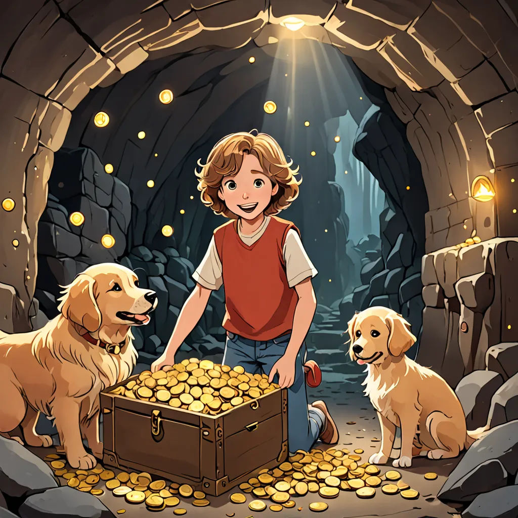 a boy with two dogs and a chest of gold coins in a cave with a light shining on him, Cliff Childs, furry art, a storybook illustration, official art