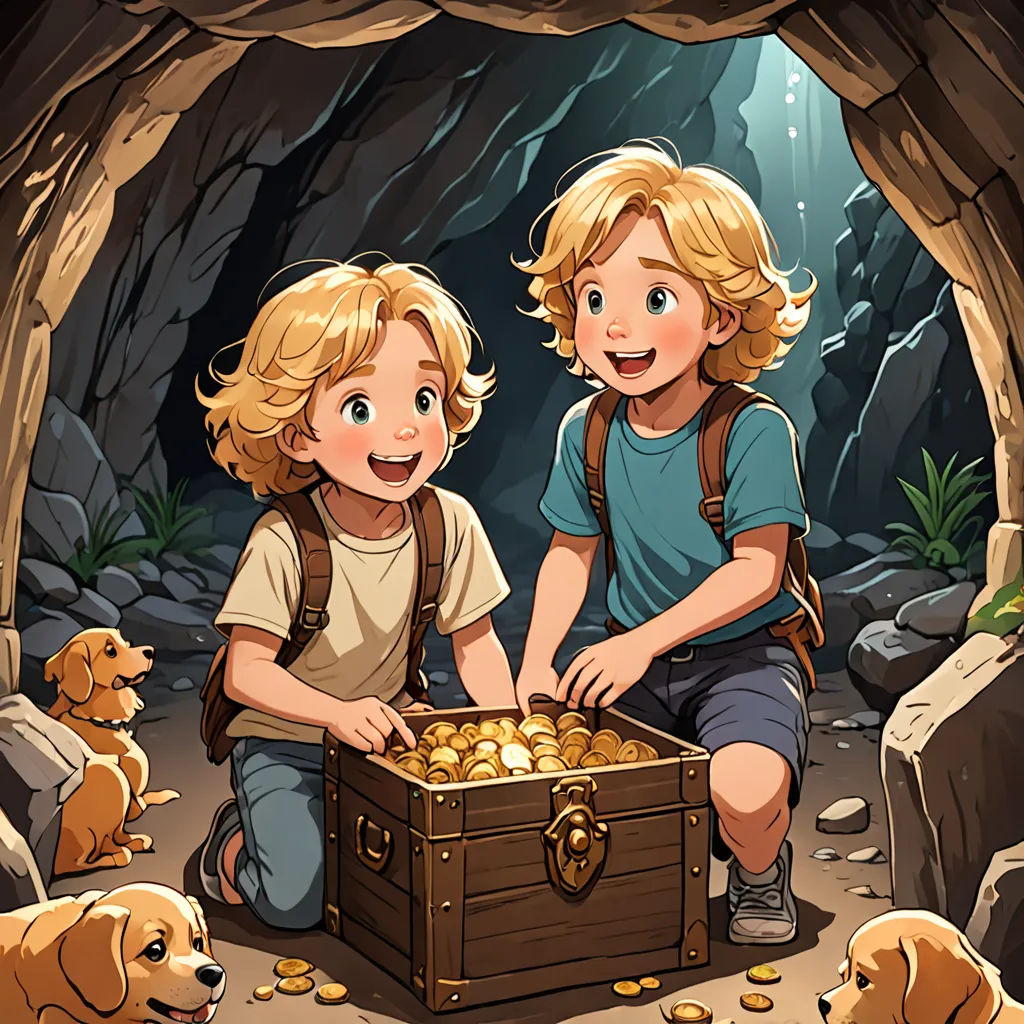 a boy and a girl are sitting in a cave with a chest of gold coins in front of them, Brothers Hildebrandt, furry art, a storybook illustration, official art