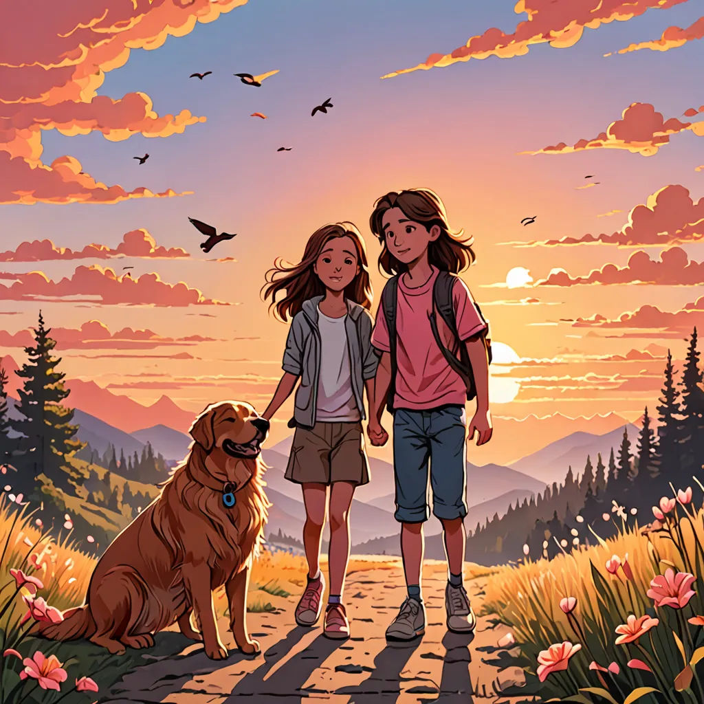 a couple of kids standing next to a dog on a dirt road at sunset with a bird flying overhead, Dan Mumford, american scene painting, a storybook illustration, comic cover art