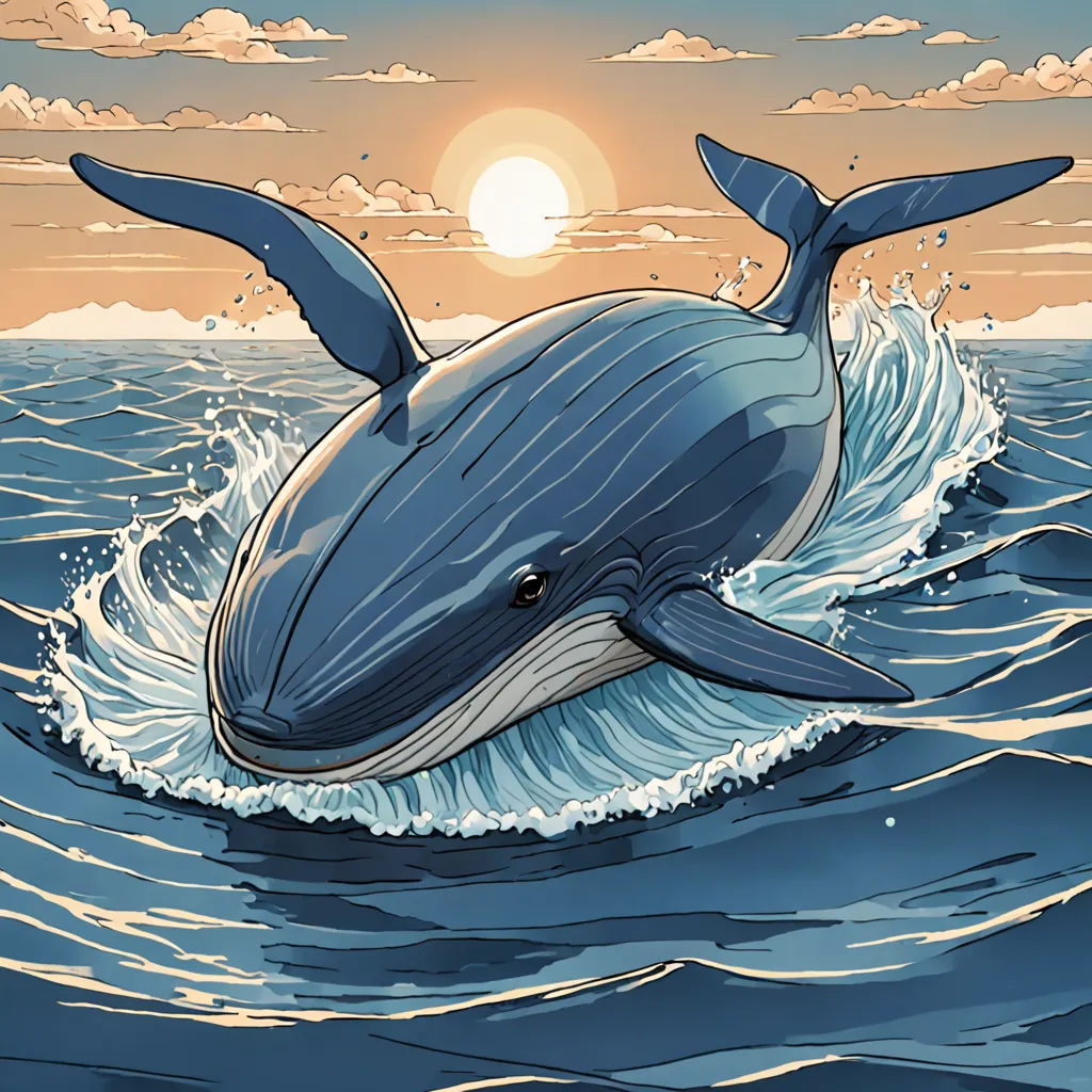 a blue whale is swimming in the ocean at sunset or sunrise with clouds and sun in the background,, Dan Mumford, rayonism, an illustration of, detailed illustration