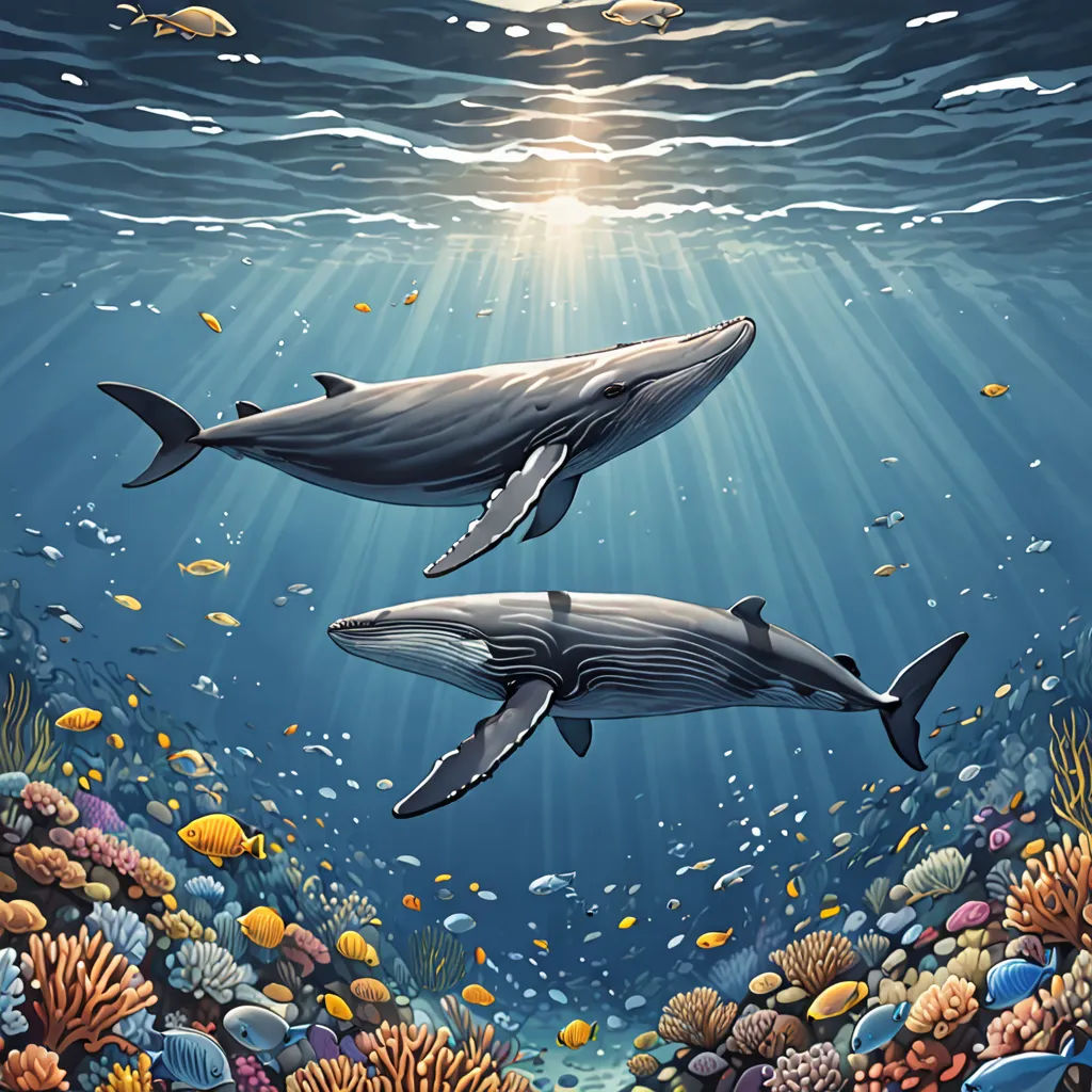 two dolphins swimming in the ocean with a sunbeam above them and a fish below them, with a coral reef in the foreground, Dan Mumford, rayonism, a storybook illustration, highly detailed digital painting