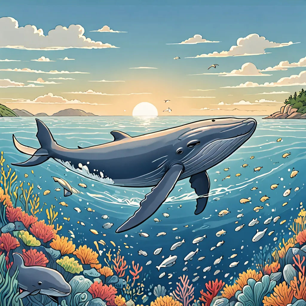 a painting of a whale swimming in the ocean with a sun in the background and fish swimming around it, Dan Mumford, psychedelic art, a storybook illustration, detailed illustration